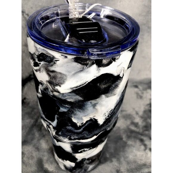 Alcohol Ink Tumbler 30oz Black/White Insulated Stainless Steel With Lid Cup - Picture 2 of 6